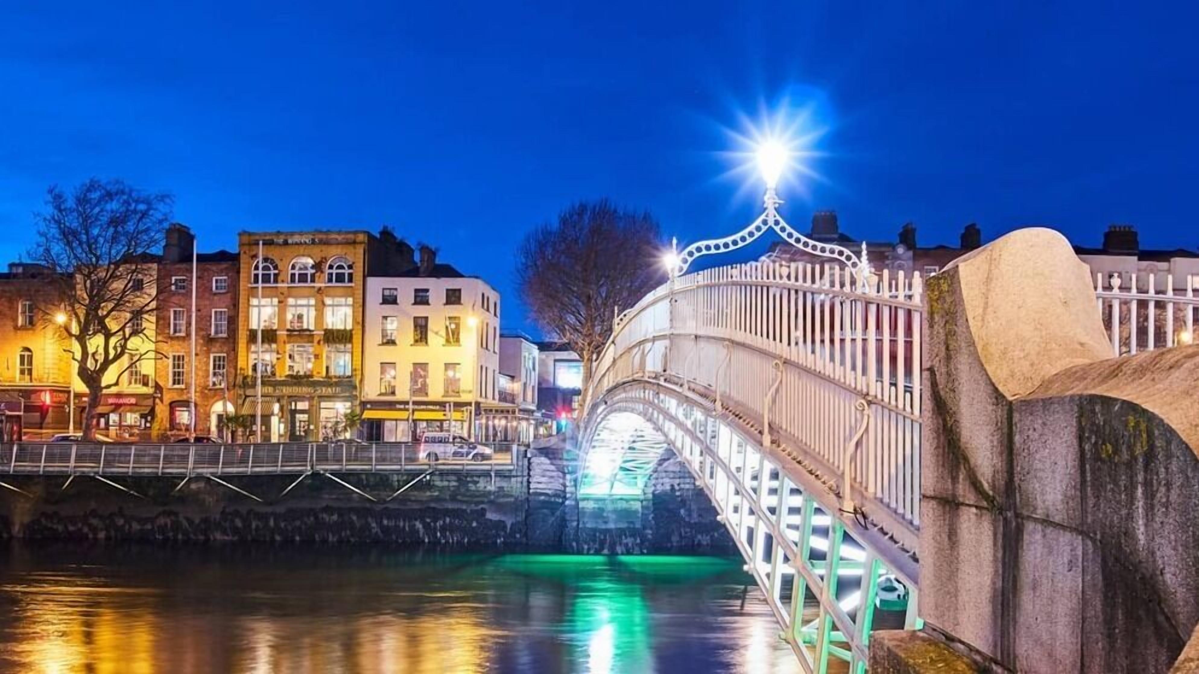 A stone bridge with a decorative railing and a street lamp, reflecting on a body of water.