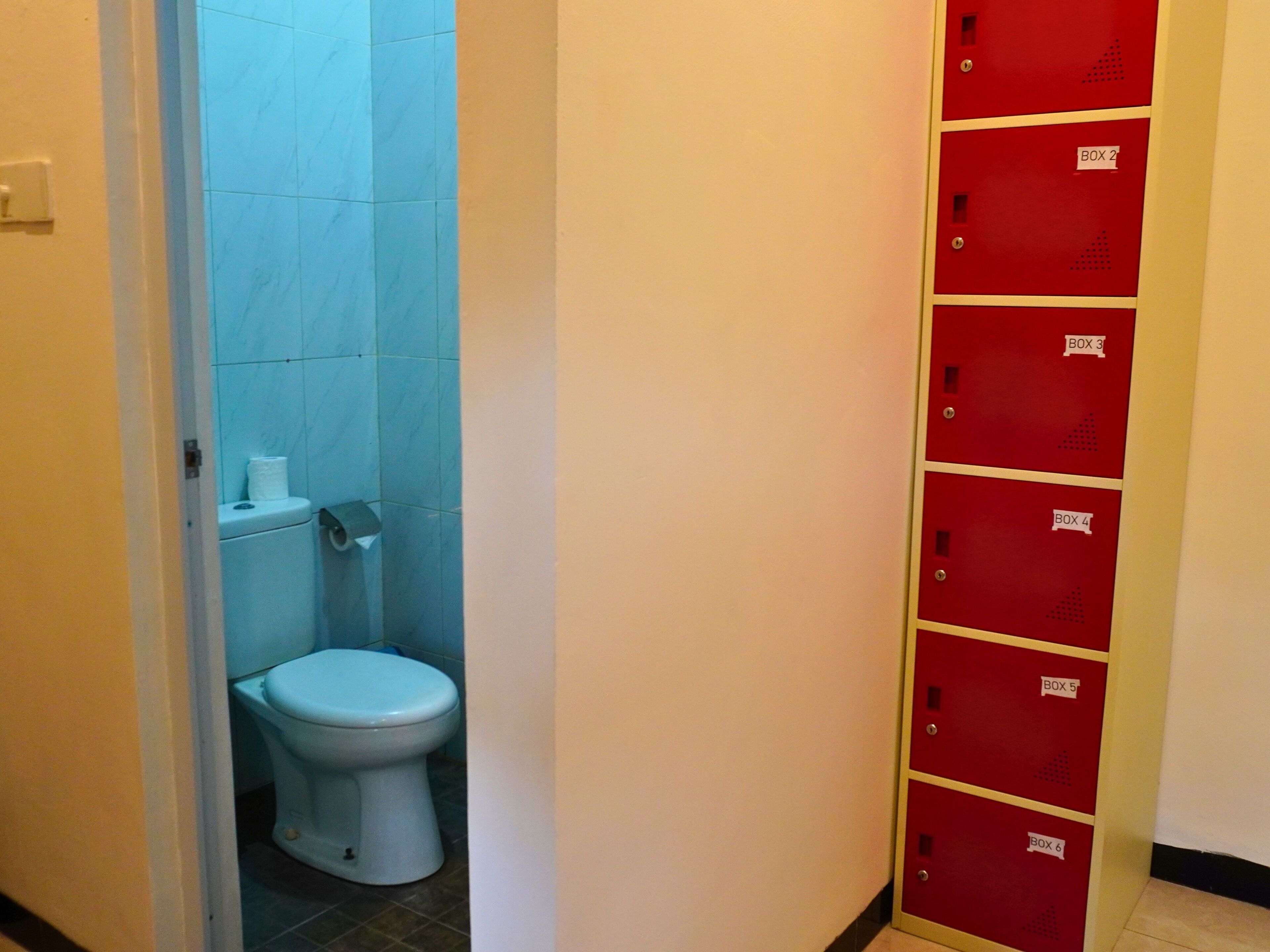 A bathroom with a toilet and a blue-tiled shower area.