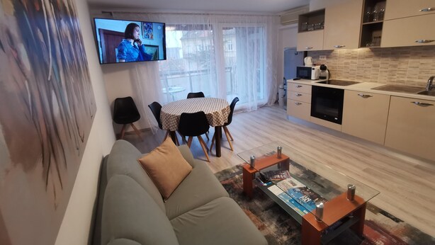 A modern living room with a sofa, a coffee table, and a dining area with a table and chairs. There is a kitchen area with cabinets and a microwave. A television is mounted on the wall. - Apartment Budin 2 Rijeka City Center (Rijeka)