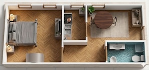 A two-room apartment with a kitchenette, a dining area, a sofa, and a bathroom. - Design apartment in the center of Venice (Venezia)