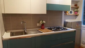 Eine Küche mit Spüle, Herd und turquoise farbenen Schränken.