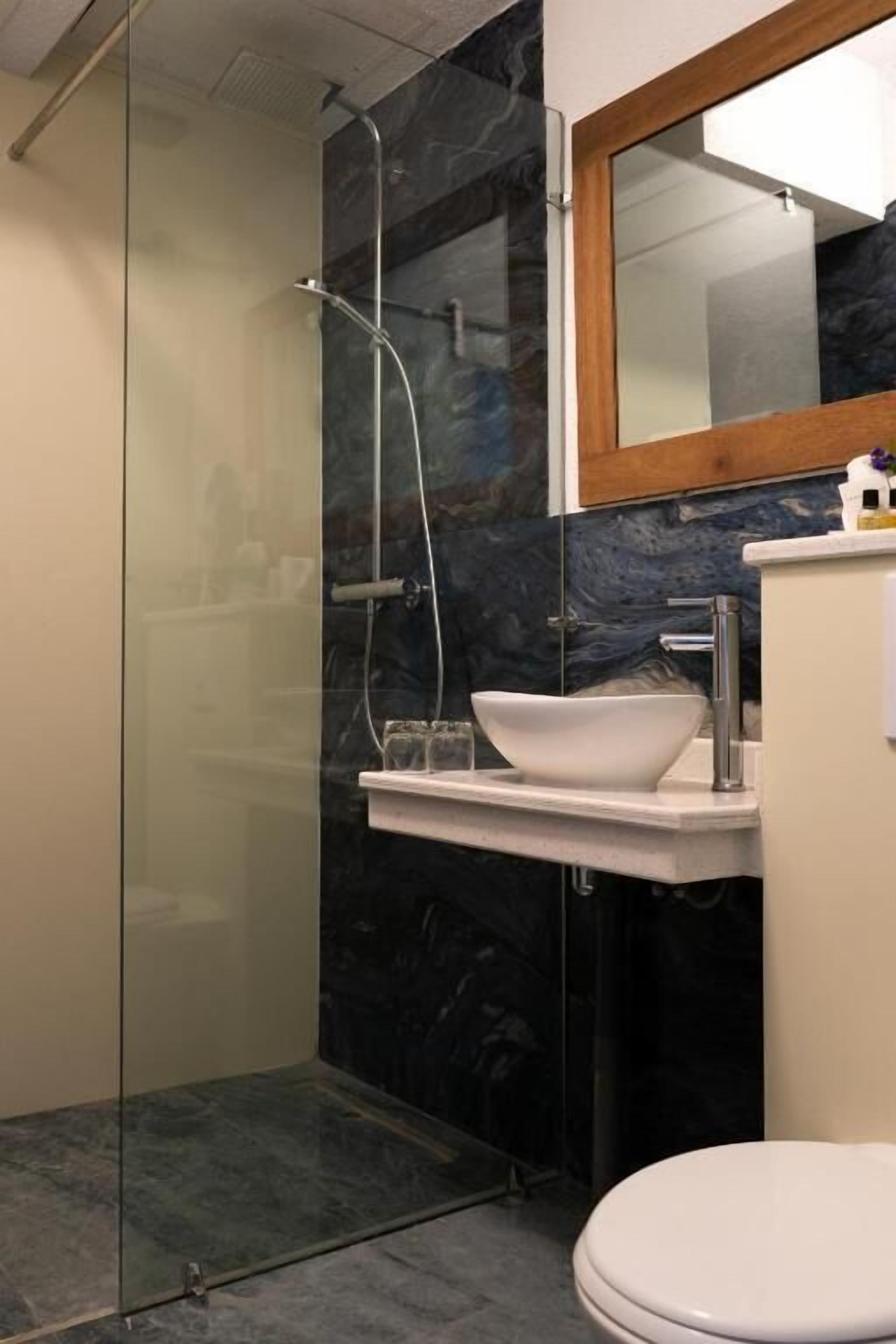 Un baño moderno con ducha envuelta en vidrio, un lavamanos blanco y un espejo encima.