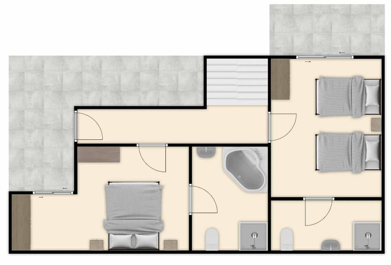 Ein Hotelzimmer mit Bett, zwei Nachttischen, einer kleinen Sitzecke, einem Badezimmer mit Toilette und Waschbecken sowie einer Duschkabine.