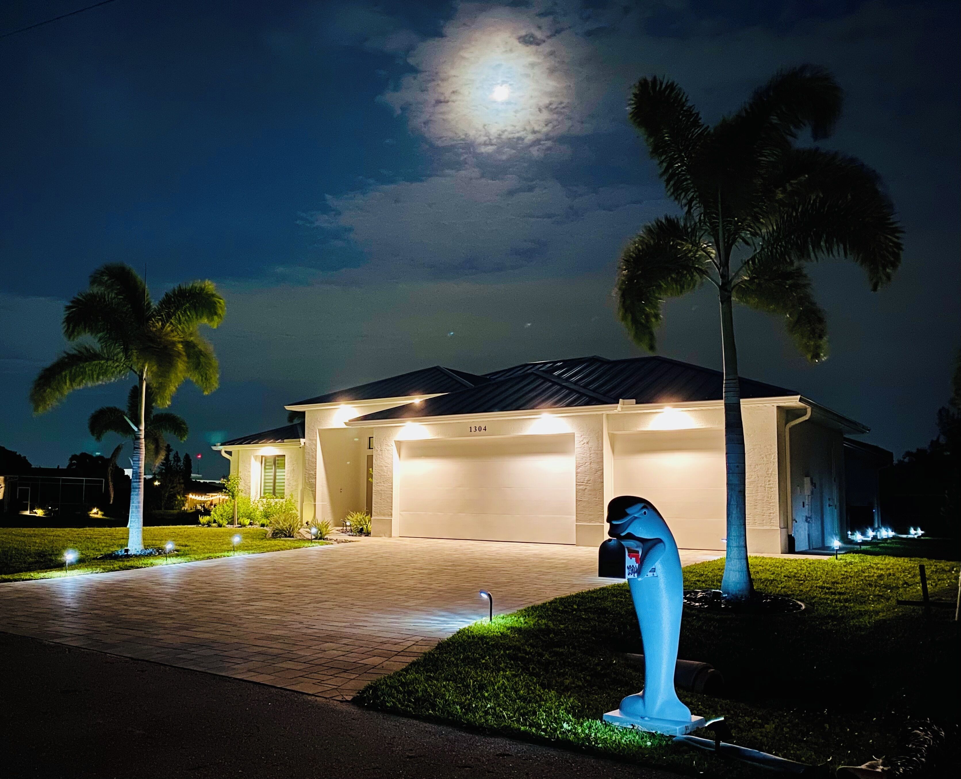 A residential house with a well-lit driveway, a mailbox, and palm trees.