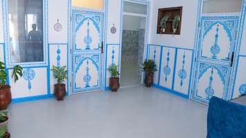 Une pièce avec des portes à motifs bleus et blancs, des plantes en pot et une chaise bleue.