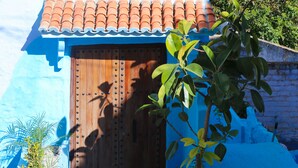A traditional blue-walled building with a tiled roof, a wooden door, and a potted plant in the foreground. - Casa Blue Pearl (Chefchaouen)