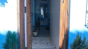 A narrow hallway with a wooden door and a blue wall. There are two potted plants on either side of the entrance. - Casa Blue Pearl (Chefchaouen)