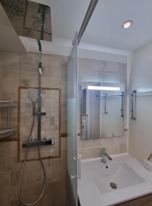 Hair dryer, towels, soap, toilet paper