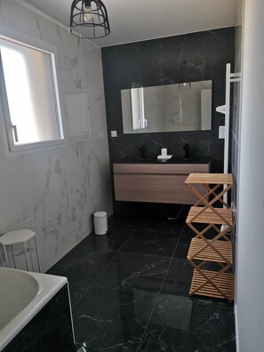 Shower, hair dryer, toilet paper