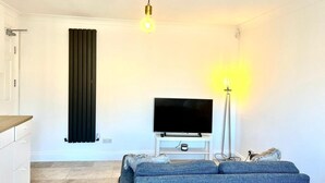 A modern living room with a flat-screen TV, a sofa, a pendant light, and a radiator. - Newly-built Studio Near Laindon Station (Basildon)