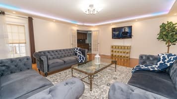 Smart TV, fireplace, books