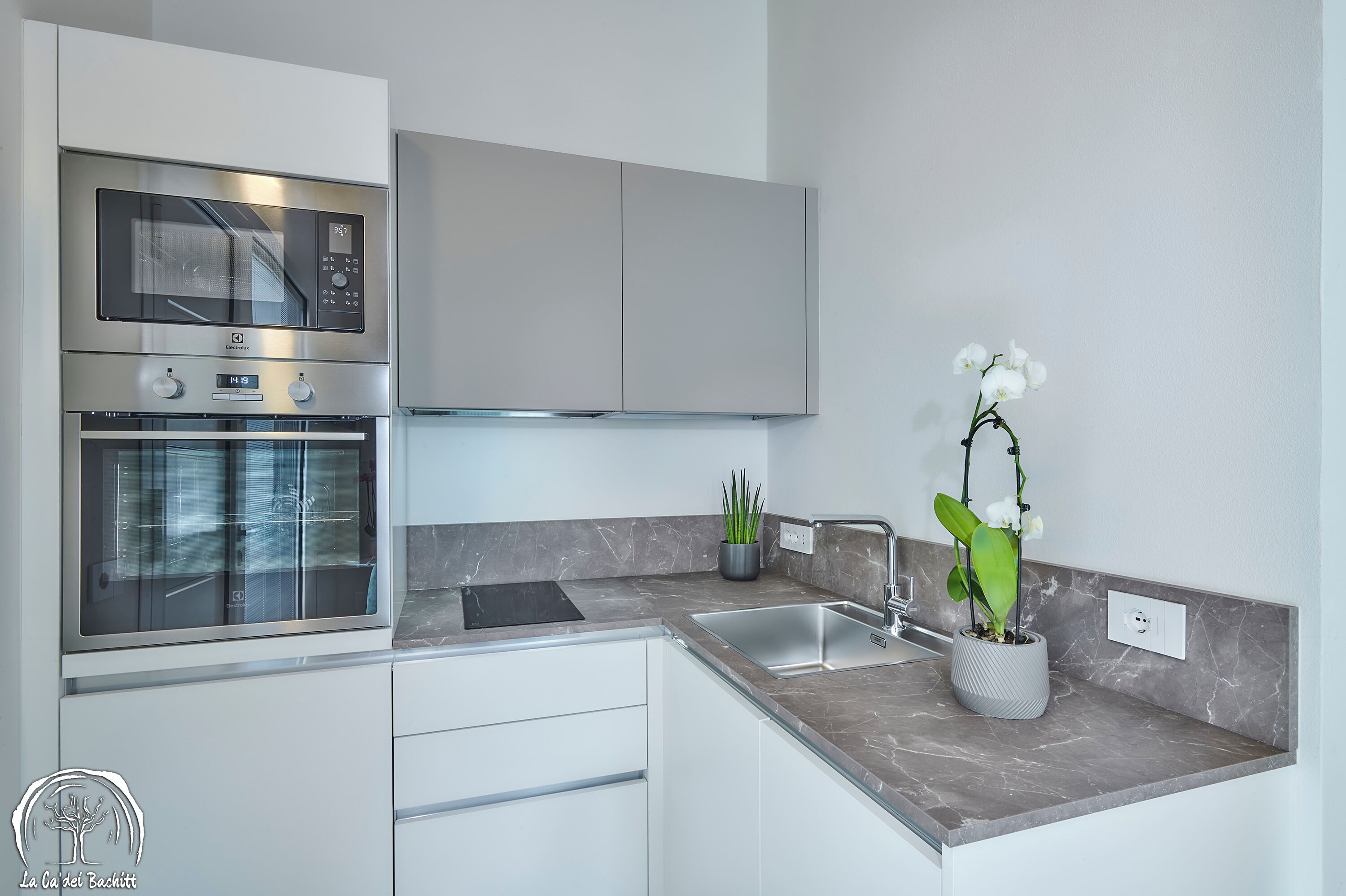 A modern kitchen with stainless steel appliances, a marble countertop, and a potted orchid.