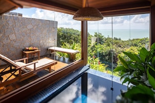Premium vista mar com piscina privativa | 고급 침구, 필로우탑 침대, 미니바, 객실 내 금고