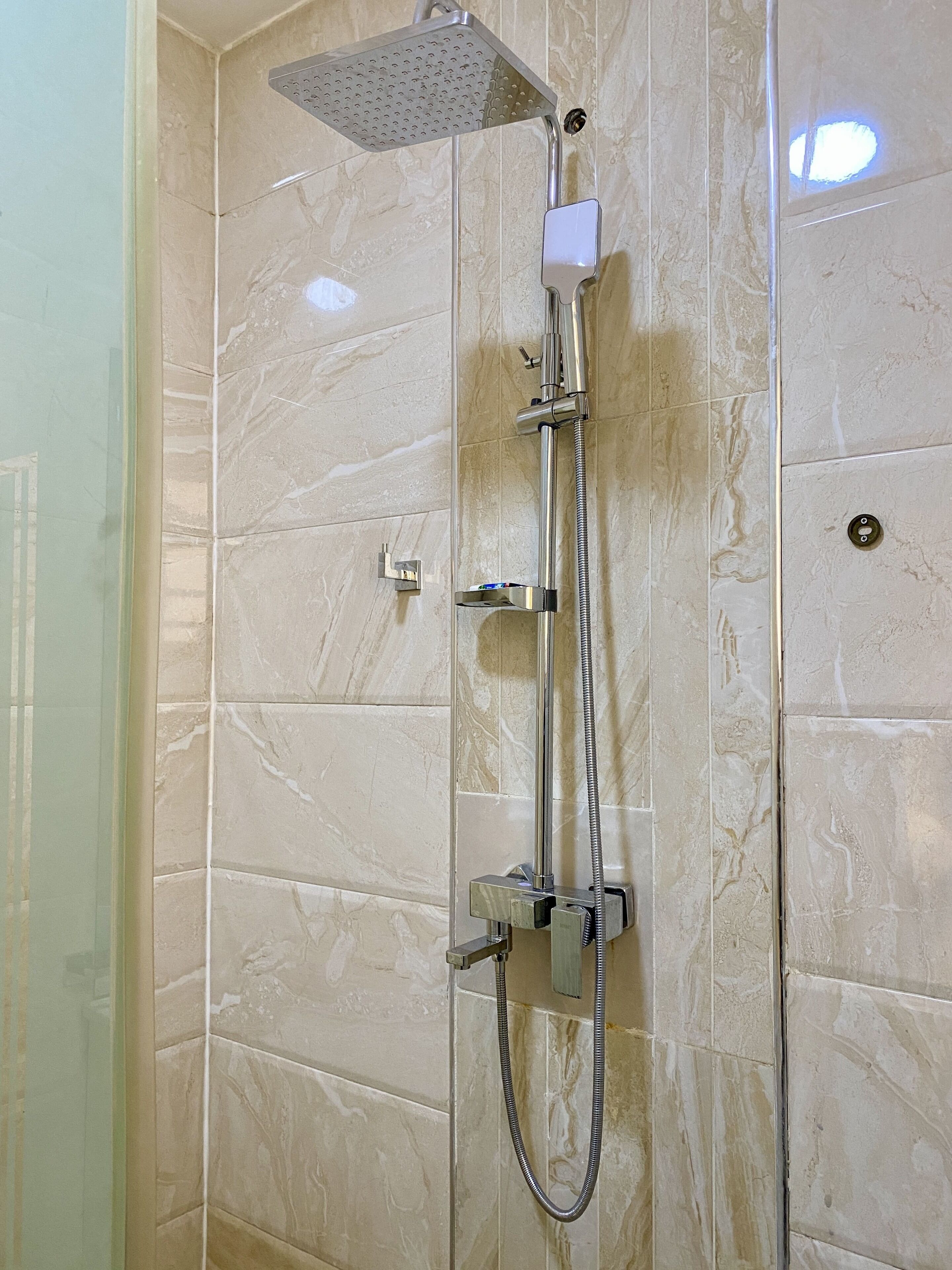 Une douche équipée d’un pommeau de douche et d’un robinet à main.