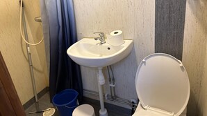 A small bathroom with a white sink, toilet, and shower. There is a blue bucket and a white trash bin on the floor.