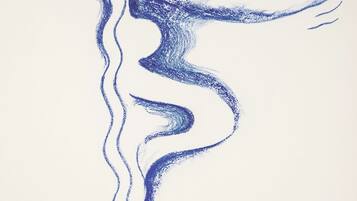 A blue abstract figure on a white background.