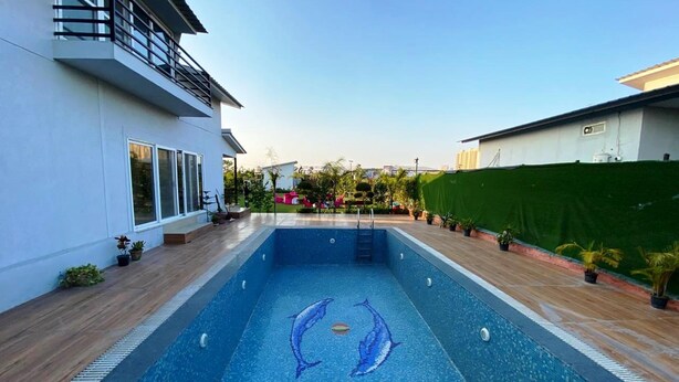 Une piscine décorée de motifs de dauphins, entourée d’une terrasse en bois et agrémentée de plantes en pot.
