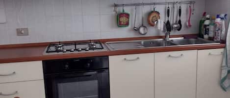 Een koelkast, een oven, een kookplaat, een koffiezetapparaat/waterkoker