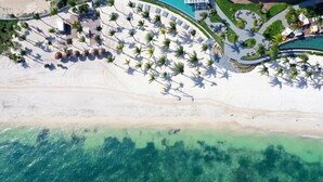 An aerial view of a beach resort with a white sandy beach, clear turquoise water, and rows of palm trees. - VIP luxury for Christmas at Cancun's 5 diamond resort!  (Cancun)