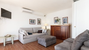 A living room with a grey sofa, a small table, a TV, and a cabinet.