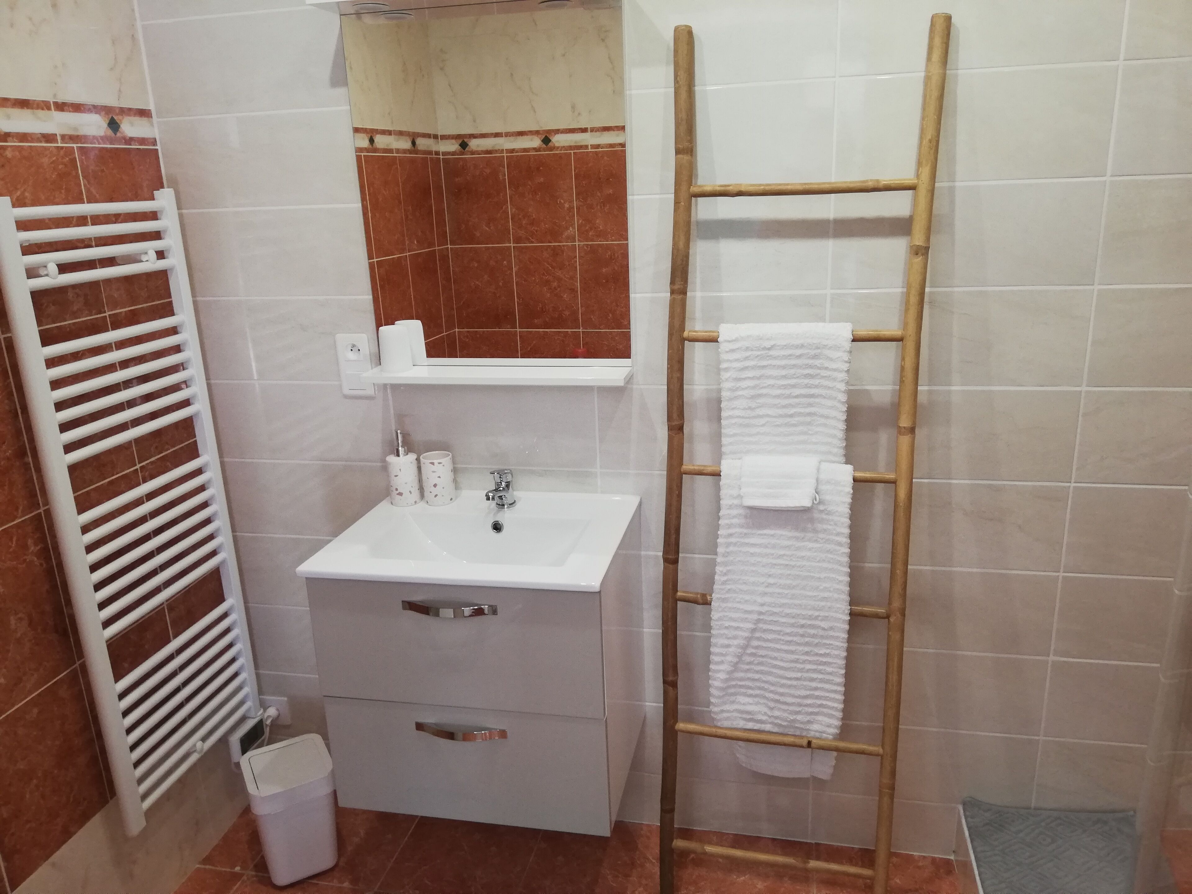 Une salle de bain avec un lavabo blanc, un miroir et un porte-serviettes.