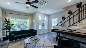 Smart TV, books, music library, stereo