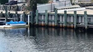 Vista de la costa con un muelle, un bote y un ave volando sobre el agua.