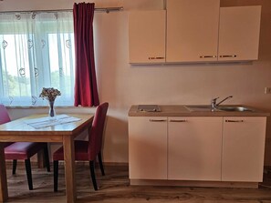 Compact kitchen area with a sink, dining table, and two chairs.