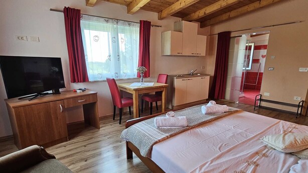 Una camera d'albergo con soffitto in legno, un letto con copriletto bianco, una scrivania con televisore, una sedia, un piccolo tavolino con un vaso e un angolo cottura.