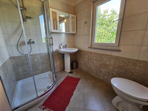 Shower, hair dryer, towels