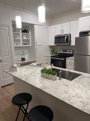 Coffee/tea maker, fridge, microwave, oven