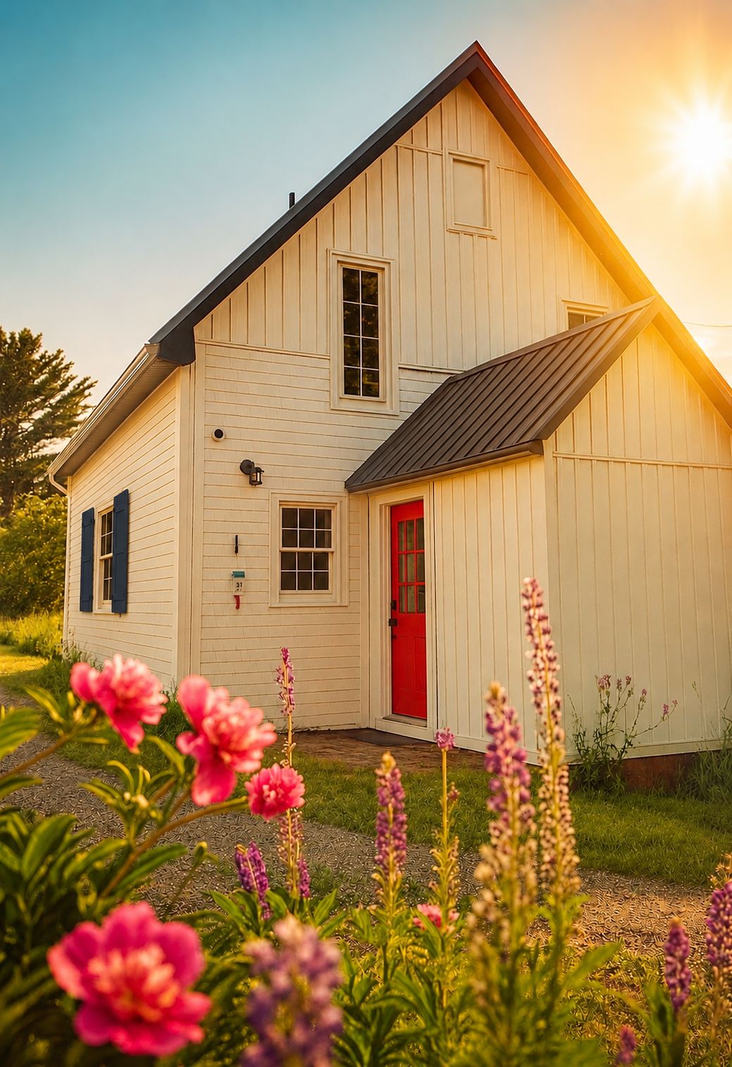 A two-story wooden house with a red door, a small porch, and a garden with flowers.