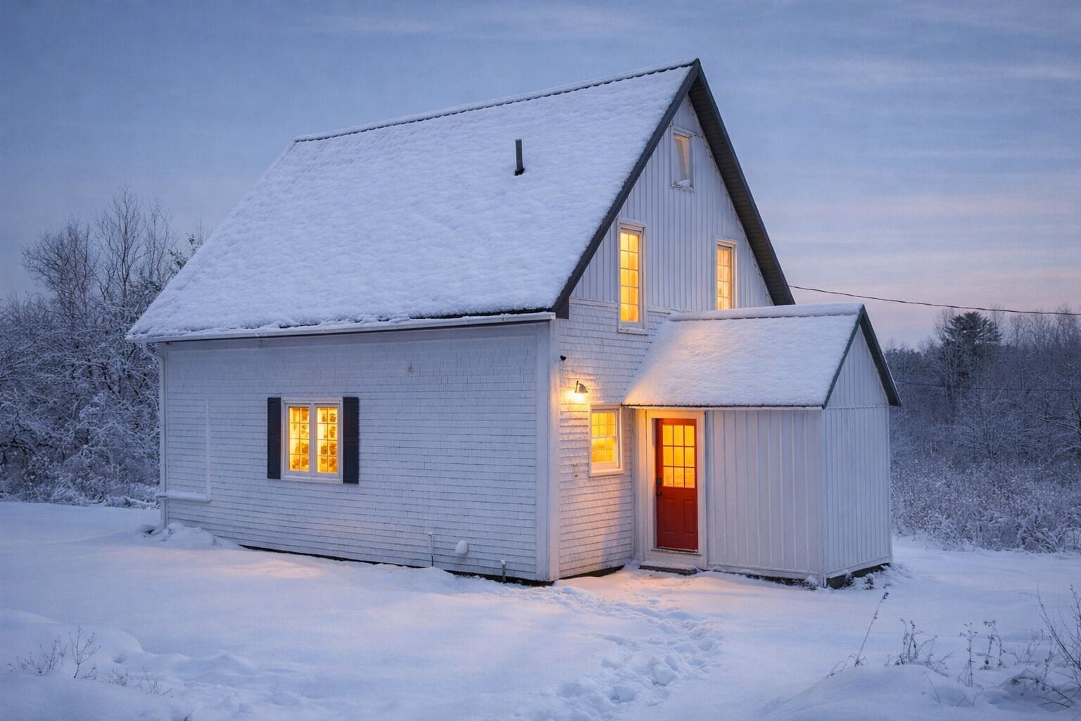 Une maison recouverte de neige, avec une porte rouge et deux fenêtres illuminées.