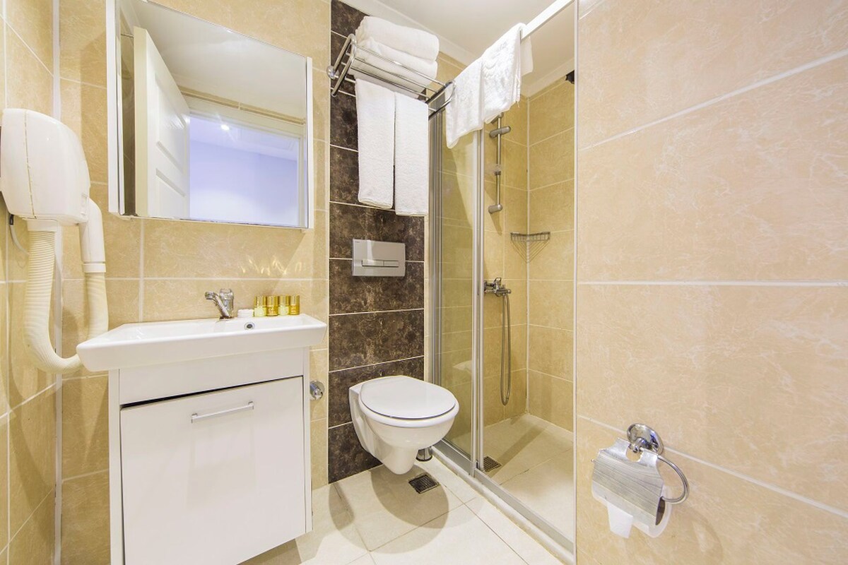 A bathroom with a sink, mirror, toilet, and shower.