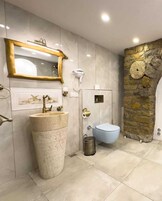Un baño moderno con un tocador amplio, un inodoro azul y una pared de acento de piedra.