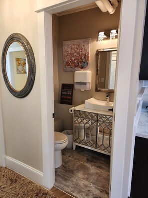 Hair dryer, towels, toilet paper