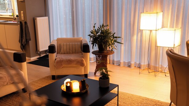 A cozy living room with a sofa, a coffee table with candles, a potted plant, and a floor lamp.