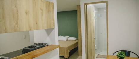 A compact room with a kitchenette, a bed, and a shower.