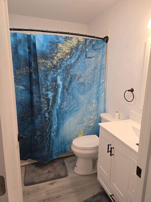 Hair dryer, towels, soap, shampoo