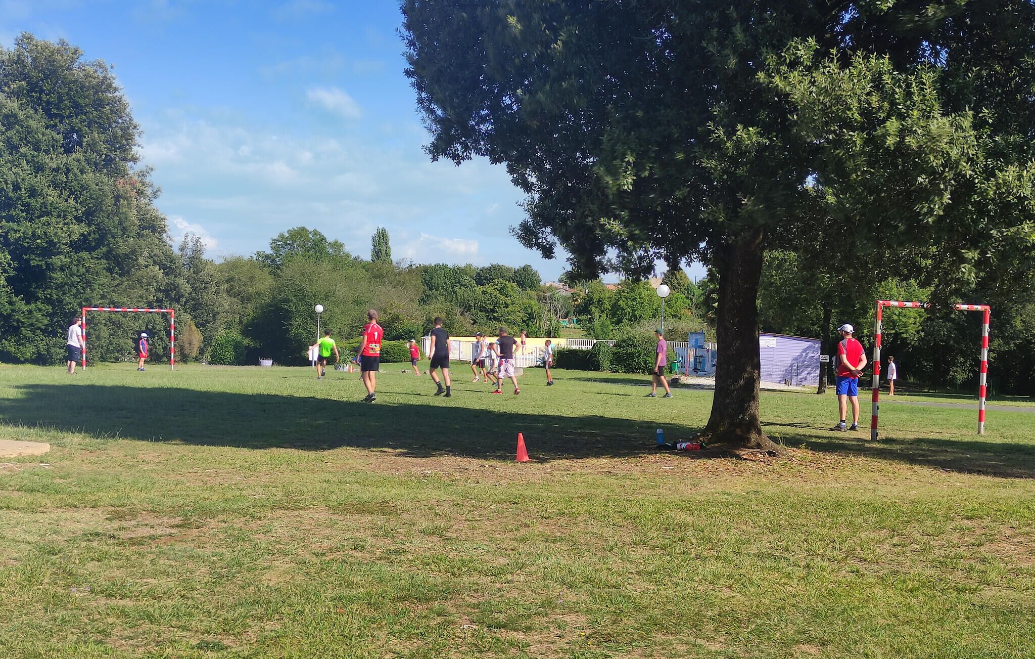 Een begroeid veld met doelen en bomen, vermoedelijk een sportveld.