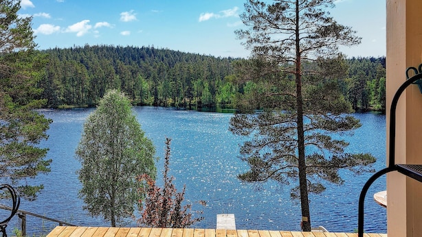A wooden deck overlooking a lake with a forested backdrop.