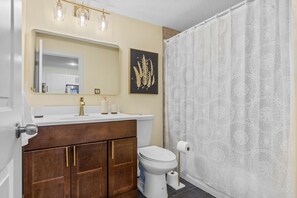 Hair dryer, towels, soap, shampoo