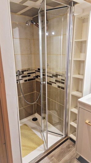 Regadera, secadora de cabello, toallas, jabón