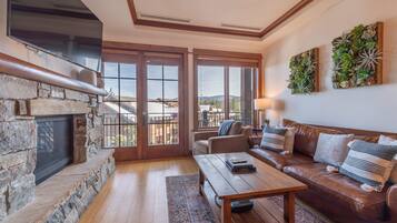 Smart TV, fireplace, books