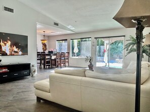 Smart TV, fireplace, table tennis, books