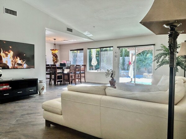 Smart TV, fireplace, table tennis, books