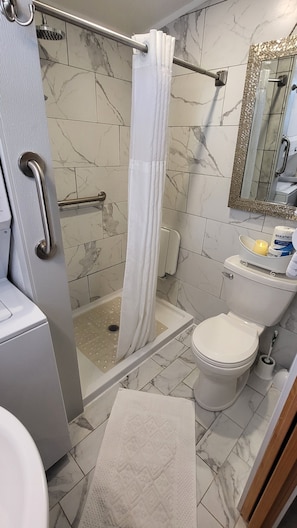 A bathroom with a shower, toilet, and a handrail.