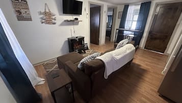 Smart TV, fireplace, books