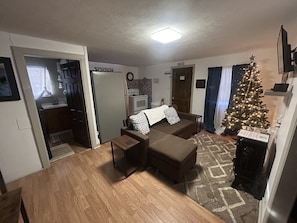 TV connectée, cheminée, livres