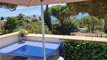 An outdoor patio with a table and chairs, a large umbrella, and a view of the surrounding landscape.